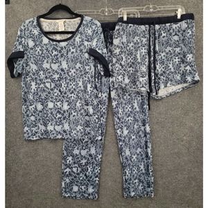 Lucky Brand 3 Piece Pajama Set Womens XL Short Sleeve Shorts Pants Blue Floral